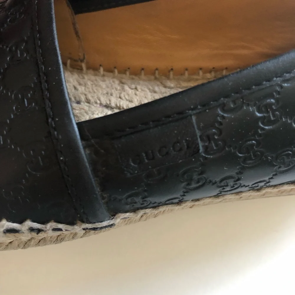 Gucci Black Leather Espadrilles Shoes Women's Guccissima GG Micro Size 37 US 7